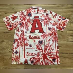 Los Angeles Angels Baseball Men's Red Palm Tree Casual Button Down Shirt